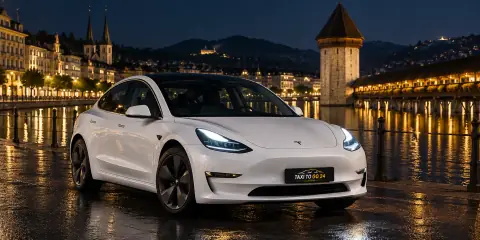 The white Tesla Model 3 at night on the quay in Lucerne, the lit Chapel Bridge behind it